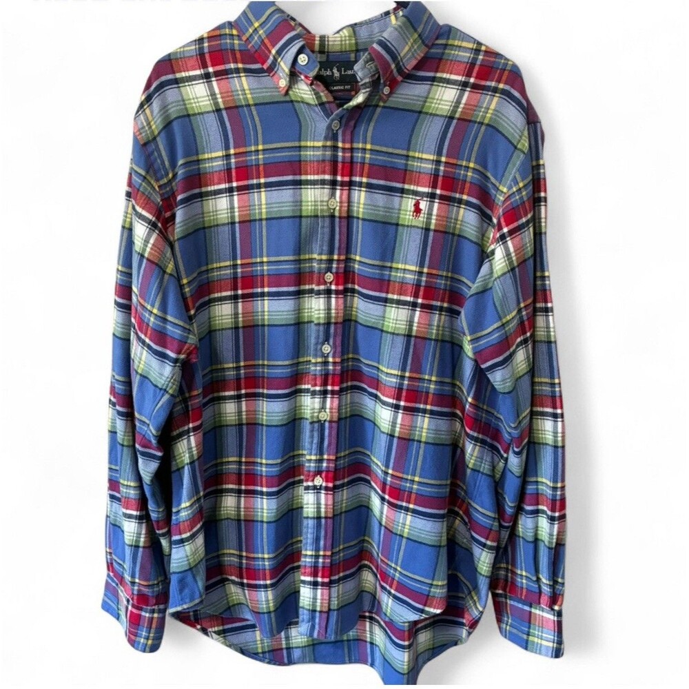 Ralph Lauren Classic Fit Blue Red Plaid Flannel Shirt Sz Large Pony Long Sleeve